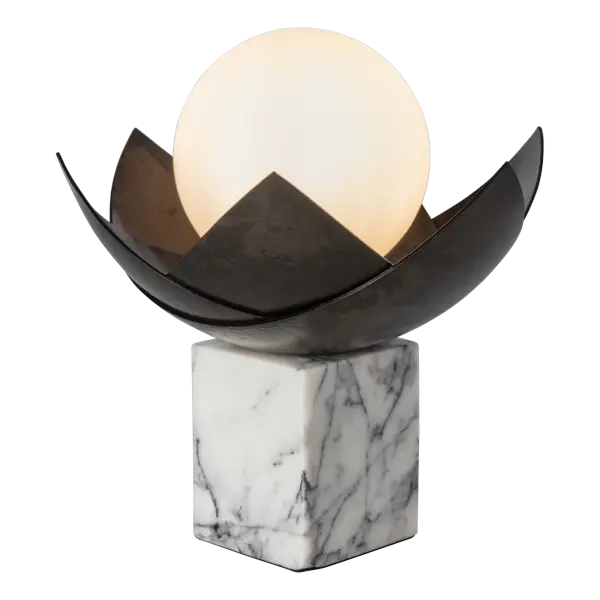 This Blossom Mini Table Lamp is just perfect. Very small footprint, but lots of style! A stunning small block of fine lilac or black marble serves as its base as the hand-forged and textured steel "blossom" cups the light. Designed by David Martin, this Blossom accent lamp has a clear cord with convenient and accessible switch.