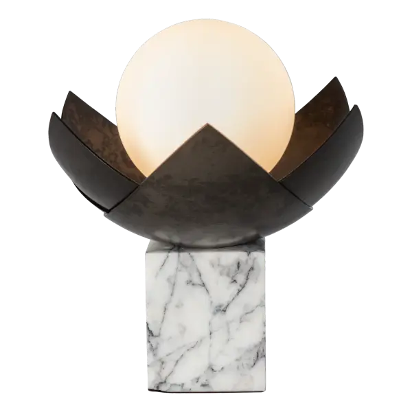 This Blossom Mini Table Lamp is just perfect. Very small footprint, but lots of style! A stunning small block of fine lilac or black marble serves as its base as the hand-forged and textured steel "blossom" cups the light. Designed by David Martin, this Blossom accent lamp has a clear cord with convenient and accessible switch. - alternate view