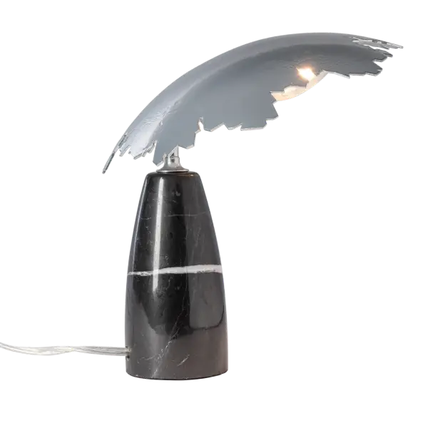 A uniquely shaped small vertical base is offered in an exclusive natural lilac or black marble to ground the Pangea Mini Table Lamp. Designed by HF's David Martin with a handcrafted steel "shield" creating a downwardly directed light and convenient cord switch, this lamp is a versatile task or accent lamp. - alternate view