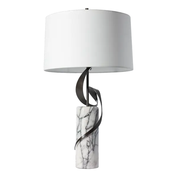 Artistry and nature intertwine seamlessly in the Rivulet Table Lamp. Inspired by the grace of a gentle Vermont stream making its way through a stony bed, the Rivulet showcases a combination of steel and hand-selected lilac marble quarried in Turkey. Each piece is a white marble with purple veins, boasting captivating color variations, making it a true work of art that brings the tranquil beauty of nature into any space. - alternate view