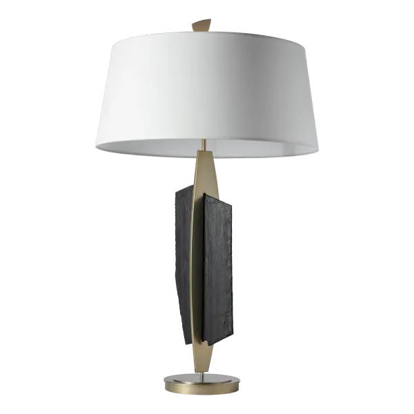 The Cambrian Table Lamp is where art and functionality collide, but where the harmony of ruggedness and refinement are on display in equal measures. This lamp celebrates the beauty of Vermont black slate by showcasing its textural variations resulting from the splitting and shaping process. The slate intersects with the strong vertical form of steel, creating a striking visual contrast that adds a touch of elegance to any space. - alternate view