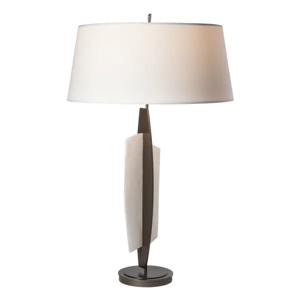 Natural alabaster stone is the focal point of the striking Volterra Table Lamp designed by Paul Marr Hilliard. The lustrous quality of the translucent white stone brings an elegance to the room. This tactile element intersects the strong steel body of this stunning shaded lamp. - alternate view