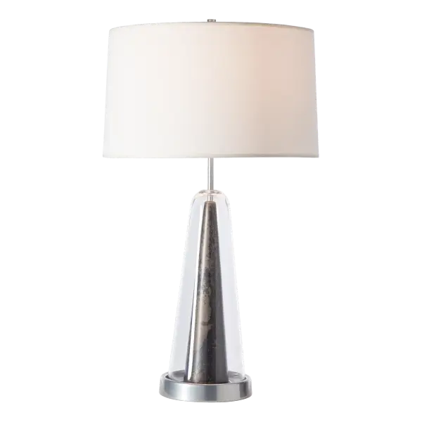 A lamp with unique visual interest, the Spire Table Lamp’s heat-textured, sleek vertical metal cone is encased in a wider vertical clear conical glass. The effect gives a lamp that is transitional, yet sophisticated in style.