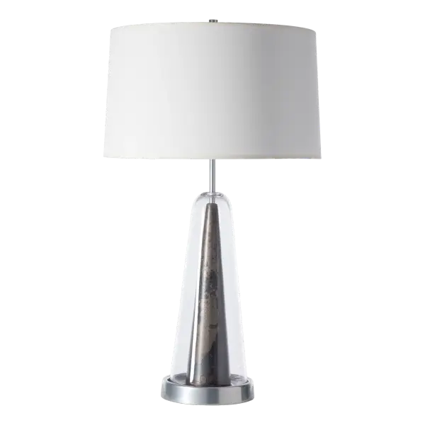 A lamp with unique visual interest, the Spire Table Lamp’s heat-textured, sleek vertical metal cone is encased in a wider vertical clear conical glass. The effect gives a lamp that is transitional, yet sophisticated in style. - alternate view