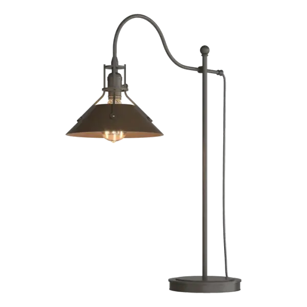 Henry with its copper-riveted, spun-metal shade evokes strong industrial aesthetics. A close look will reveal the high level of craftsmanship. Different finish options can be chosen for the stem and shade. Bulb choices can shift the look from industrial to more contemporary.