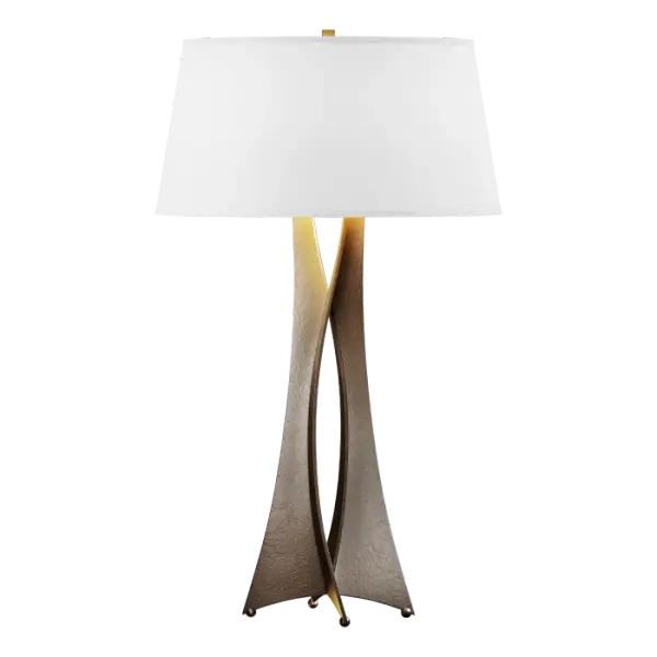 This table lamp deserves to be alone in the center of a room . . . on a pedestal. That gives the ability to walk around the piece to get a full grasp of the shapes created by the hand-forged steel pieces when they join and part throughout this design.