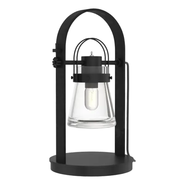 The clear, blown-glass flask of our Erlenmeyer Table Lamp is encircled by a handcrafted steel collar fixed to an arch within an arch. Angle can be adjusted with the steel cog locked by a steel pin - there's a touch of steampunk to the design.