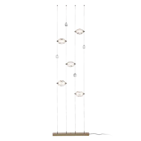 Sophisticated and exquisite, the Gatsby 5-Light Floor-to-Ceiling Plug-in LED Lamp features five large crystals positioned horizontally that can be moved up and down their low-voltage cable "rails", using tiny grippers on each side that allow the globes to be positioned at will. With small ceiling anchors for stability, this Gatsby Floor Lamp can be plugged in to any grounded 3-prong outlet