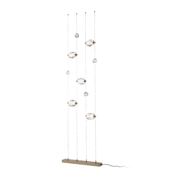 Sophisticated and exquisite, the Gatsby 5-Light Floor-to-Ceiling Plug-in LED Lamp features five large crystals positioned horizontally that can be moved up and down their low-voltage cable "rails", using tiny grippers on each side that allow the globes to be positioned at will. With small ceiling anchors for stability, this Gatsby Floor Lamp can be plugged in to any grounded 3-prong outlet - alternate view