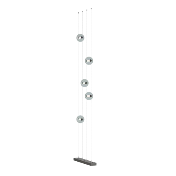 Rave reviews from designers accompanied the introduction of the Abacus 5-Light Floor-to-Ceiling Plug-in LED Lamp. An extraordinary piece of illumination, the Abacus, true to its namesake, allows for exceptional customization. Its five blown glass globes can be moved up and down their low-voltage cable "rails", by virtue of tiny grippers on each side that allow the globes to be positioned at will. With tiny ceiling anchors for stability, this Abacus Floor lamp can be plugged in to any grounded 3-prong outlet.