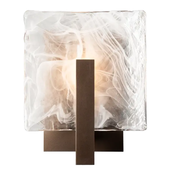 At over a foot tall, this exterior wall sconce features the Arc Collection's trademark white freeform swirl embedded in a squared-form, thick, clear, textured glass panel. Its unique hand-poured glass is front and center, held in place by a simple, yet elegant aluminum bar. Offered in any of our Outdoor Coastal Finishes and available in 2 Marine Grade options (small upcharge applies). - alternate view