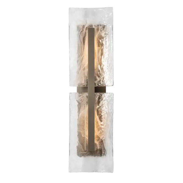 If you're looking to make a signature first impression, this Arc exterior wall mount has the scale and "wow" factor to do just that. This stunner is over 3ft tall. The Arc's hallmark thick, hand poured, slightly convex glass panels with freeform white "swirls” offer both depth and clarity. Its two tall glass panels are fixed to the backplate by a simple, yet elegant vertical aluminum bar. Made by Vermont artisans. Offered in any of our Outdoor Coastal Finishes and available in 2 Marine Grade options (small upcharge applies). - alternate view