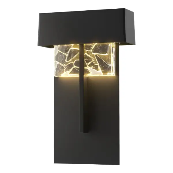 The Large Shard showcases grey-colored shards embedded in thick hand-poured clear glass blocks created by the Vermont artisans at AO Glass. An LED light reflects into and through the glass to create a captivating glow on the vertical metal back plate. Looks amazing indoors too. - alternate view