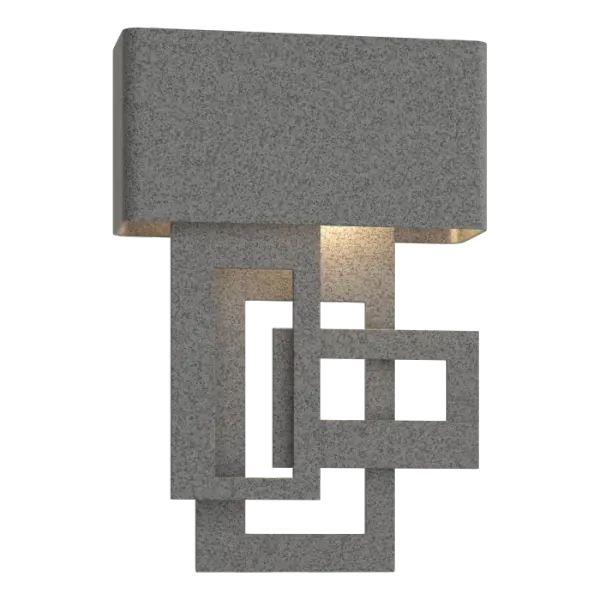 A modern, contemporary look is created using three rectangles layered over each other and skillfully welded into place. The light cast down from the hidden LED source reflects off the geometric grouping to create a dark sky-friendly glow.