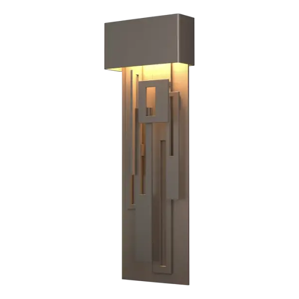 The creation and layering of the Collage's geometric shapes requires a lot of time and technique, but it's well worth it. This design has an Arts and Crafts appeal. The light cast down from the hidden LED source reflects off the grouping of metal rectangles to create a soft glow.