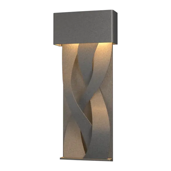 Three bands of metal intertwine to create a visually compelling piece. The LED light flowing from the enclosure above creates a dramatic play of light and shadow. This transitional design is perfectly suited to both traditional and contemporary settings. Dark Sky friendly.