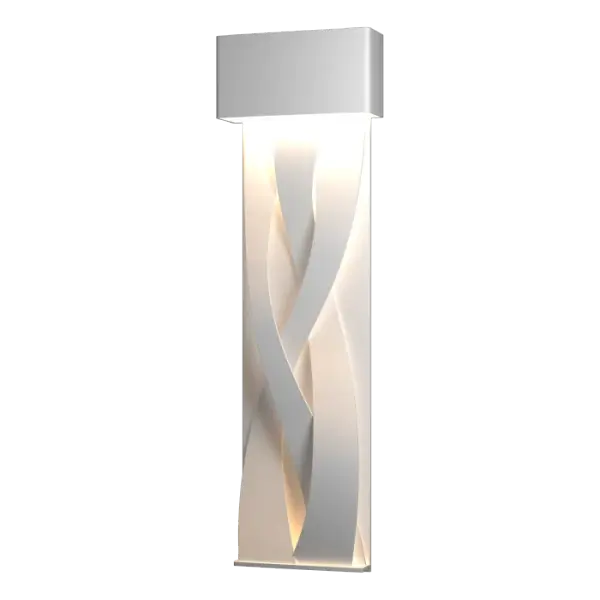 Three bands of metal intertwine to create a stunning sculptural design. The LED light flowing from the enclosure above creates a dramatic play of light and shadow. This transitional design is perfectly suited to both traditional and contemporary settings. Dark Sky friendly.