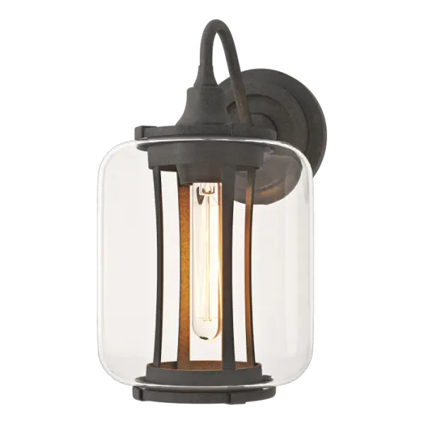 Soft curves define the coastal lanterns of the Fairwinds Outdoor Collection in a variety of sizes and formats appropriate for any exterior setting. the Fairwinds Outdoor Sconce features an internal open handcrafted metal cage structure, within a clear glass shade. Available in a choice of robust Coastal Outdoor Finishes.