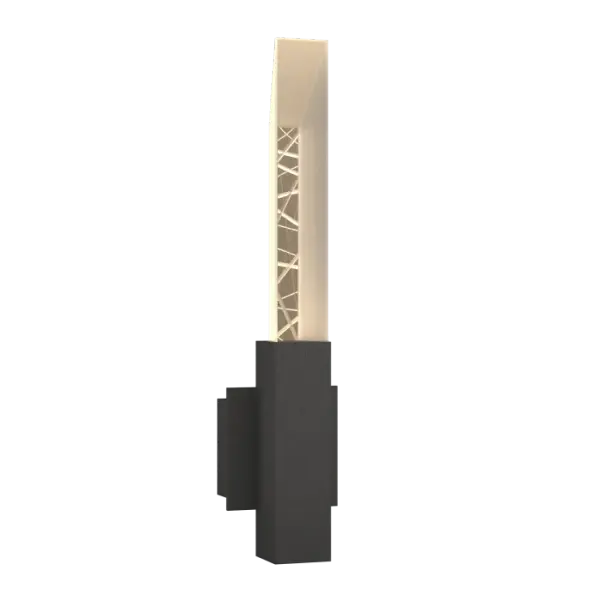The sleek crisp lines of the Refraction Outdoor Sconce assures distinction of exterior spaces. Bold prismatic glass, with the elegant look of cut crystal, guides the light upward. A clear diffuser at the base of the sconce provides downward lighting. Etched with a geometric design, the light plays upon the pattern, adding a radiant textural quality.