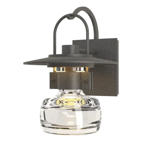Our steampunk version of a traditional lantern is bold and striking. Showing a mix of high-end craftsmanship, from the thick blown-glass bell to the metallic curves of support arm and handle, to the details of the riveted collar – this has it all.