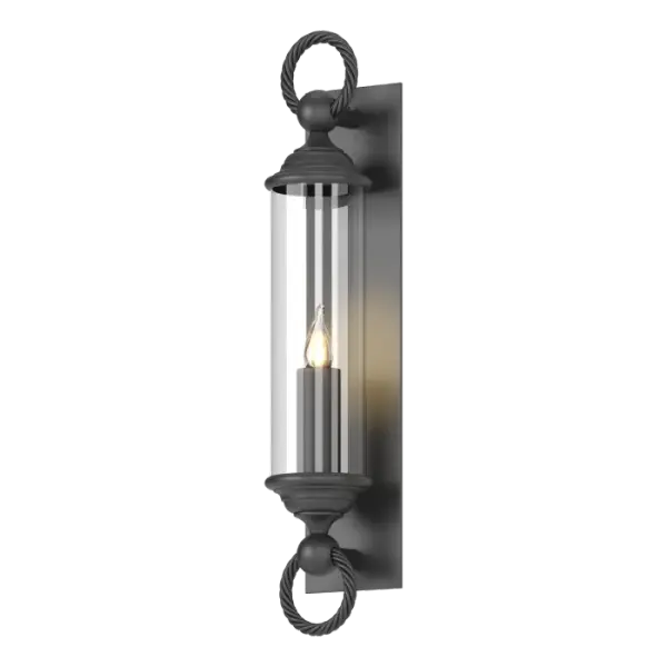 Suggestive of a scroll case of antiquity, our Cavo Outdoor Sconce displays twisted cables of metal that grace either end of the ball caps supporting the glass tube. A simple, clean design element that works in many spaces.