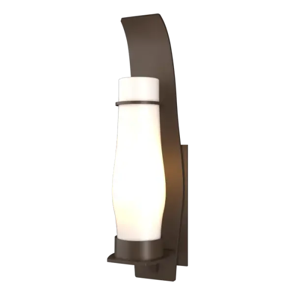 Our large Sea Coast Outdoor Sconce provides a warm glow and eye-pleasing design to welcome voyagers coming by land or sea. A simple metal band contains the glass chimney while metal base and mounting plate add design elements.