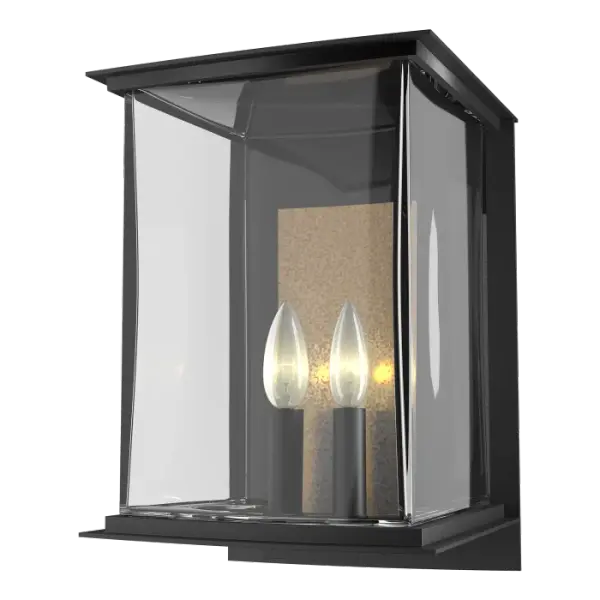 Part of the 2021 Kingston Outdoor Collection, the Kingston Outdoor Large Sconce complements the family with 2 candelabra lights to welcome guests and family. The Kingston Collection blends crisp architectural elements and candelabra lighting with a large rectangular blown glass that forms a versatile look on numerous home styles.This difficult to produce glass highlights the organic nature that clear glass can have with its subtle variations of thickness and patterns. The accent reflector plate behind each candelabra adds both a traditional element and a splash of contrast as it is available in our Vintage Platinum and Soft Gold finishes. Also offered as a 1-light, medium version.