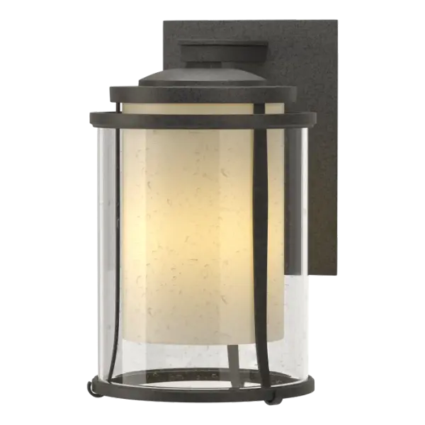 There's something to be said about the welcoming glow of a light on a dark night. Our large, artfully handcrafted Meridian Outdoor Sconce says it well. Metal bands encircle contemporary seeded glass that in turn, surrounds an opaque glass housing the light. - alternate view