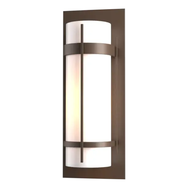 A clean, sleek design that evokes dreams of the Far East is the hallmark of our Banded Collection. True to the collection's name, two handcrafted metal bands, intersected by a bold, vertical bar, encircle the glass and fasten to an aluminum mounting plate.