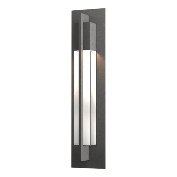 Our large Axis Outdoor Wall Sconce will help you find your design's center. A handcrafted aluminum arm angles around to clasp the glass from above and below. The contrast of metal against glass provides a dash of sophistication.