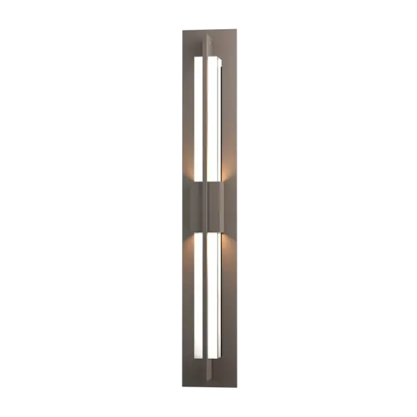 If you need to pull a design together, our Double Axis LED Outdoor Wall Sconce can deliver the light of inspiration. A single, handcrafted aluminum arm angles around to clasp the glass at either end with a wider band bisecting the center.