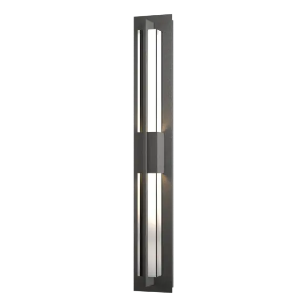 If you need to pull a design together, our large Double Axis LED Outdoor Wall Sconce can deliver the light of inspiration. A single, handcrafted aluminum arm angles around to clasp the glass at either end with a wider band bisecting the center.