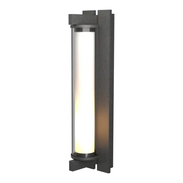 Industrial elegance best-describes the meeting of metal and glass in our large Fuse Outdoor Sconce. Delicate double glass is bookended by sturdy metal bars. Handcrafted by the artisans here at our Vermont forge, each piece is unique.