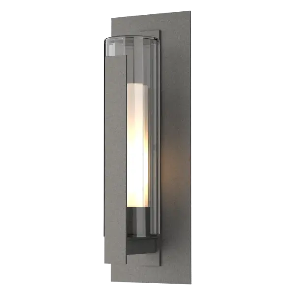 The popular Vertical Bar Outdoor Sconce gets a contemporary update with a double-glass cylinder of clear fluted over opal inner glass, with a simple aluminum bar shielding them. Craftsmanship and quality with simple lines are the hallmark of the Vertical Bar Collection. This classic Vertical Bar Large Outdoor Sconce is offered in HF Coastal Outdoor Finishes.