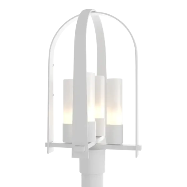Lighting a drive or pathway, or adjacent to an entry, the Triomphe Outdoor Post Light greets guests for a safe, well-lit, yet warm and inviting welcome with its 4-light cluster nestled within the handcrafted aluminum arches. With the Triomphe, Designer David Martin created a transitional, classically arched shape with craftsman tenon details that suit a variety of architectural styles.