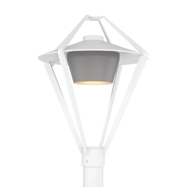 Enclosed in a stunning metal exoskeleton for a minimalist contemporary take on a classic lantern design, this Dark Sky Friendly post light offers a sophisticated welcome to visitors. Its airy, open "cage" contains a short metal cylinder from which the light emanates. By focusing the light downward, light pollution is reduced and the effective lighting helps to increase path safety.