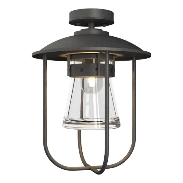 Nautical lanterns found on coastlines throughout New England were the inspiration for our versatile Erlenmeyer Outdoor Semi-Flush, featuring a thick glass flask protected by a sturdy metal cage.