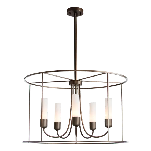 The Portico Drum Outdoor Living Pendant delivers a modern twist on the classic drum shade with its "there, not there" design. The upswept arms hold five candelabra bulbs surrounded by opal or seeded glass tubes. Available in your choice of Coastal Outdoor Finish.