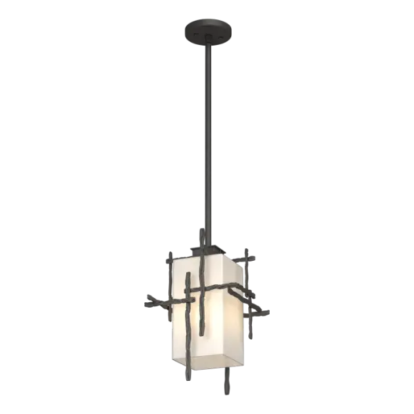 A rod-hung ceiling fixture made for exterior settings, the Tura Outdoor Pendant is perfectly suited to outdoor verandas and entryways, as well as outdoor dining and lounge areas. It's easily-customizable Multi-Stem system allows for quick height-adjustments to suit your needs. Individually hammered aluminum pieces intersect at perpendicular angles to create an open, artful structure that encases an opal glass shade lit from within.