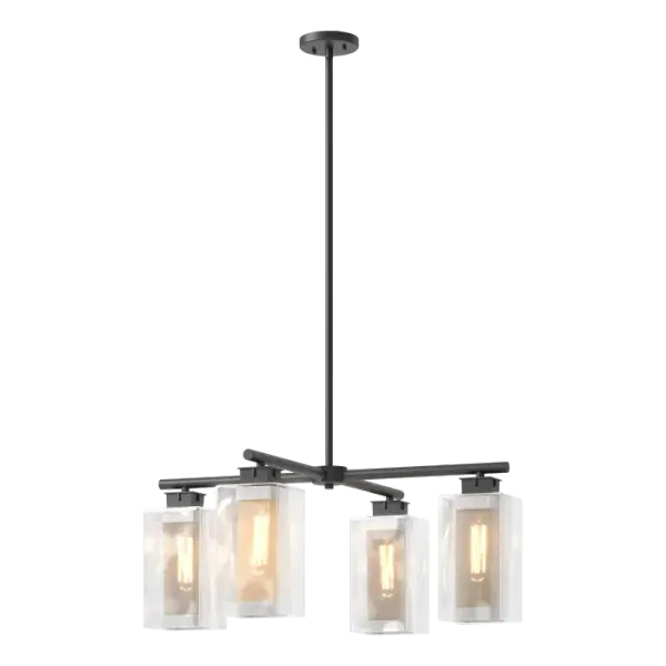 New for 2021, the Polaris Outdoor Collection includes everything needed for outdoor living. This Polaris 4-Light Pendant features perpendicular aluminum bars that suspend 4 glass shades, each with an inner rectangular mesh tube that surrounds the lighting element. Stem Kit included. Ideal for lounge or dining areas, the Polaris Outdoor 4-Light Pendant offers substantial light in addition to style to any space that is closed on 3 sides and has a solid ceiling (not trellis). Also available as a post light, semi-flush and two sizes of wall sconces for a warm welcome.