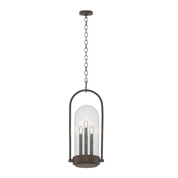 This tall, slim focal piece is chain-hung, allowing it to easily be placed to light verandas, patios and entryways. The Davis is a fresh interpretation of a traditional lantern style, featuring a clear, seeded, domed glass cylinder with four tall, exposed candlesticks. Its stylized hook is but one of the beautiful details of this hanging fixture. Available in a choice of AAMA 2604-rated Coastal Outdoor Finishes.