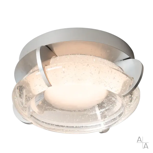 At 11.6" in diameter, this stunning flush mounted ceiling fixture exudes style and elegance. The Lustra's thick, handmade bubble glass is gently curved, creating a circular surround embracing an inner-frosted center that softly diffuses the LED light. The color temperature can be adjusted during installation, offering 3 options (2700 / 3000 / 4000). A versatile piece from the Art + Alchemy Collection, the Lustra can also serve as a wall sconce. - alternate view