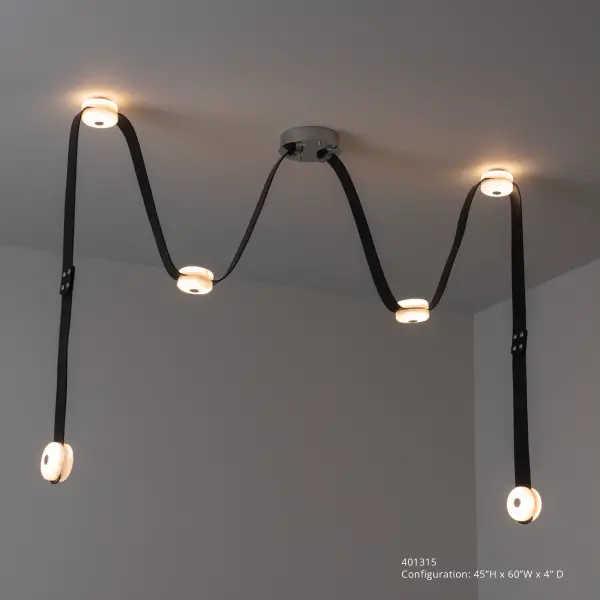 A study in mixed materials, the SNAPS Collection brings together leather, stone and metal to create something truly unique. "We’ve taken these classic elements and given them a new spin in the world of lighting," according to designer Andy Morter "using the latest in LED technology." NOTE: Alabaster is a natural, soft stone with an element of translucency. Each piece is unique. Part of the ART + ALCHEMY by Hubbardton Forge Collection. The SNAPS Medium LED Pendant features 6 alabaster-LED modules on two long and two shorter fine leather straps. Endless configurations. Unleash your creativity by ordering one of these extension pieces: 905700, 905701, 905712, 905713. - alternate view