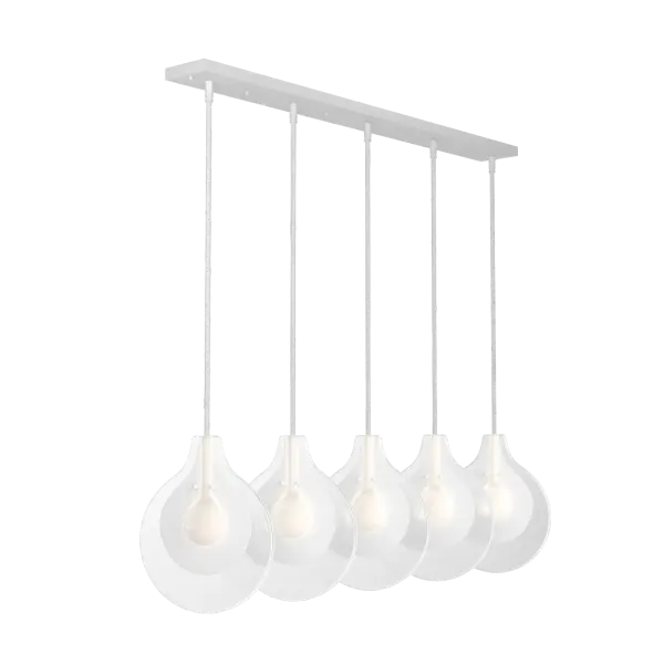 "Stunning." "Surprising." "Exquisite." We hear the new Veneto Collection described with excitement for its beautifully handcrafted Venetian glass. Look closely. The textured glass encases both the metal+bulb elements, with a central frosted glass in the bulb area. Part of the ART + ALCHEMY by Hubbardton Forge Collection, this linear Veneto pendant, by HF designer Jason Hancock, features five lights to dramatic effect.