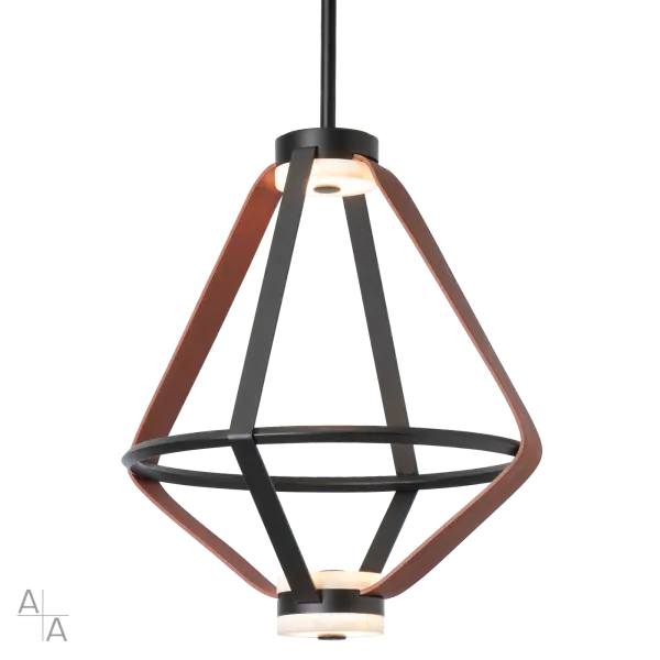 Steel, leather and stone. A mixed materials masterpiece, the Aspen Collection features three beautiful alabaster discs that diffuse the LED illumination within. Powered invisibly by conductive material embedded in the wide leather strapping, made by nearby New England artisans, the Aspen's open lantern design in this smaller (20"H) size is perfect to hang in multiples above a kitchen island. Two metal "straps" and a beveled edge circular band give this pendant both its structure and geometry. Also available in a larger (27.3"H) version.