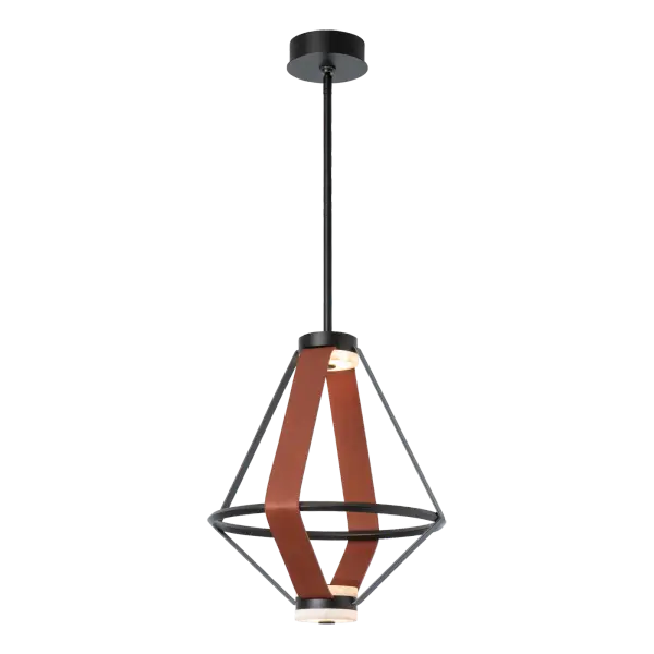 Steel, leather and stone. A mixed materials masterpiece, the Aspen Collection features three beautiful alabaster discs that diffuse the LED illumination within. Powered invisibly by conductive material embedded in the wide leather strapping, made by nearby New England artisans, the Aspen's open lantern design in this smaller (20"H) size is perfect to hang in multiples above a kitchen island. Two metal "straps" and a beveled edge circular band give this pendant both its structure and geometry. Also available in a larger (27.3"H) version. - alternate view