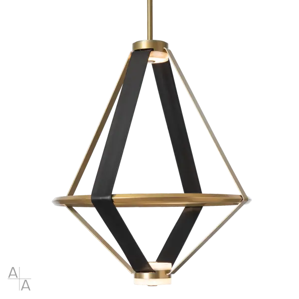 This mixed materials pendant is a focal piece in any space. With artisanally-crafted wide leather strapping, 3 natural alabaster stone "puck" shaped LED diffusers, and a beautiful bevelled-edge inner ring, this large Aspen Lantern is open and airy as it draws your attention. Its geometric shape is completed by the simple metal "straps" at counterpoint with the leather. Also available in a smaller (20") version.