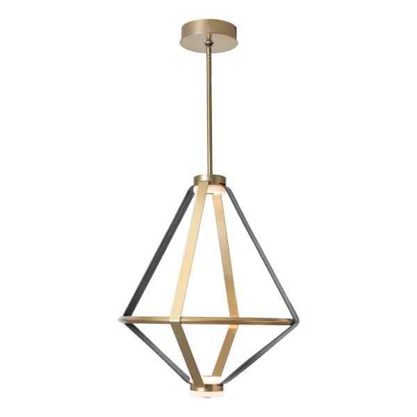 This mixed materials pendant is a focal piece in any space. With artisanally-crafted wide leather strapping, 3 natural alabaster stone "puck" shaped LED diffusers, and a beautiful bevelled-edge inner ring, this large Aspen Lantern is open and airy as it draws your attention. Its geometric shape is completed by the simple metal "straps" at counterpoint with the leather. Also available in a smaller (20") version. - alternate view