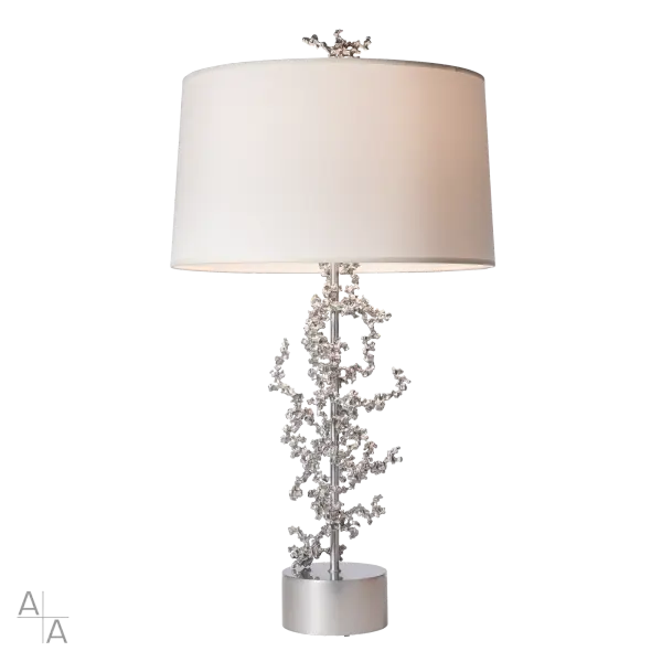 The Coral Table Lamp is the latest member of The Coral Collection (Coral Sconce and Coral LED Pendant), part of ART + ALCHEMY by Hubbardton Forge. Both sculptural and distinctive, the Coral is complex in its creation. Each coral “reef” is painstakingly created by artisan-makers who weld curated small, individually-cast coral-like pieces of aluminum together into a free-flowing, organic array for a bespoke design.