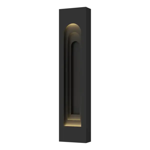The Procession Arch Large Outdoor Sconce is a creative interpretation of the interior of the Grundtvigs Church in Copenhagen that our designer visited while studying architecture. The varying depth of field created by a trio of aluminum arches provides a balanced aesthetic that's both modern and timeless. Made for the outdoors, yet elegant enough for indoor use, as well. Part of ART + ALCHEMY by Hubbardton Forge. - alternate view